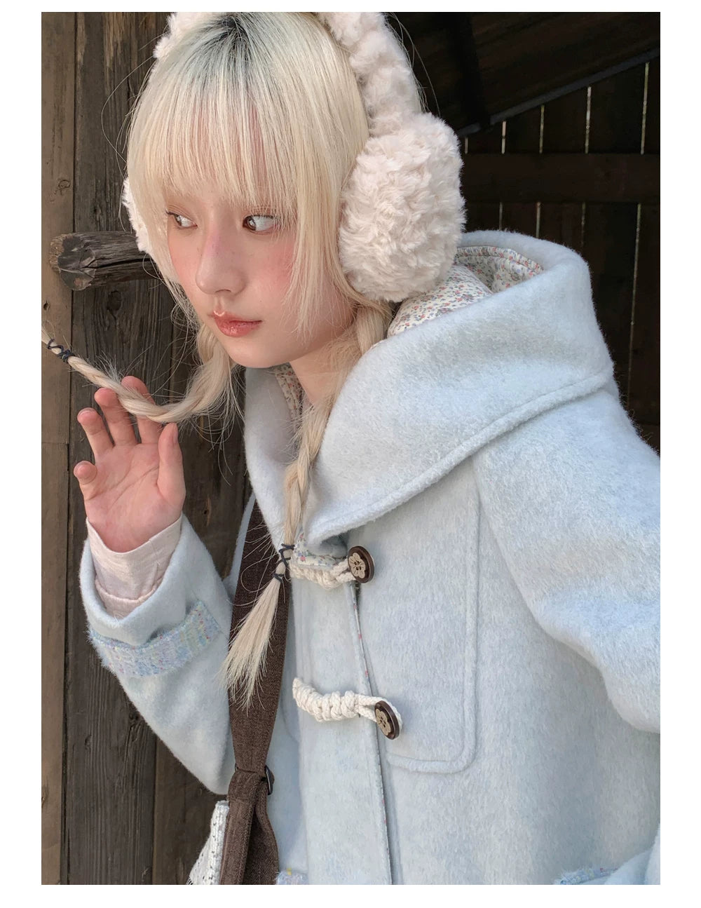 RF - Light Blue Plaid Mid-Length Wool-Blend Coat with Toggle Closures