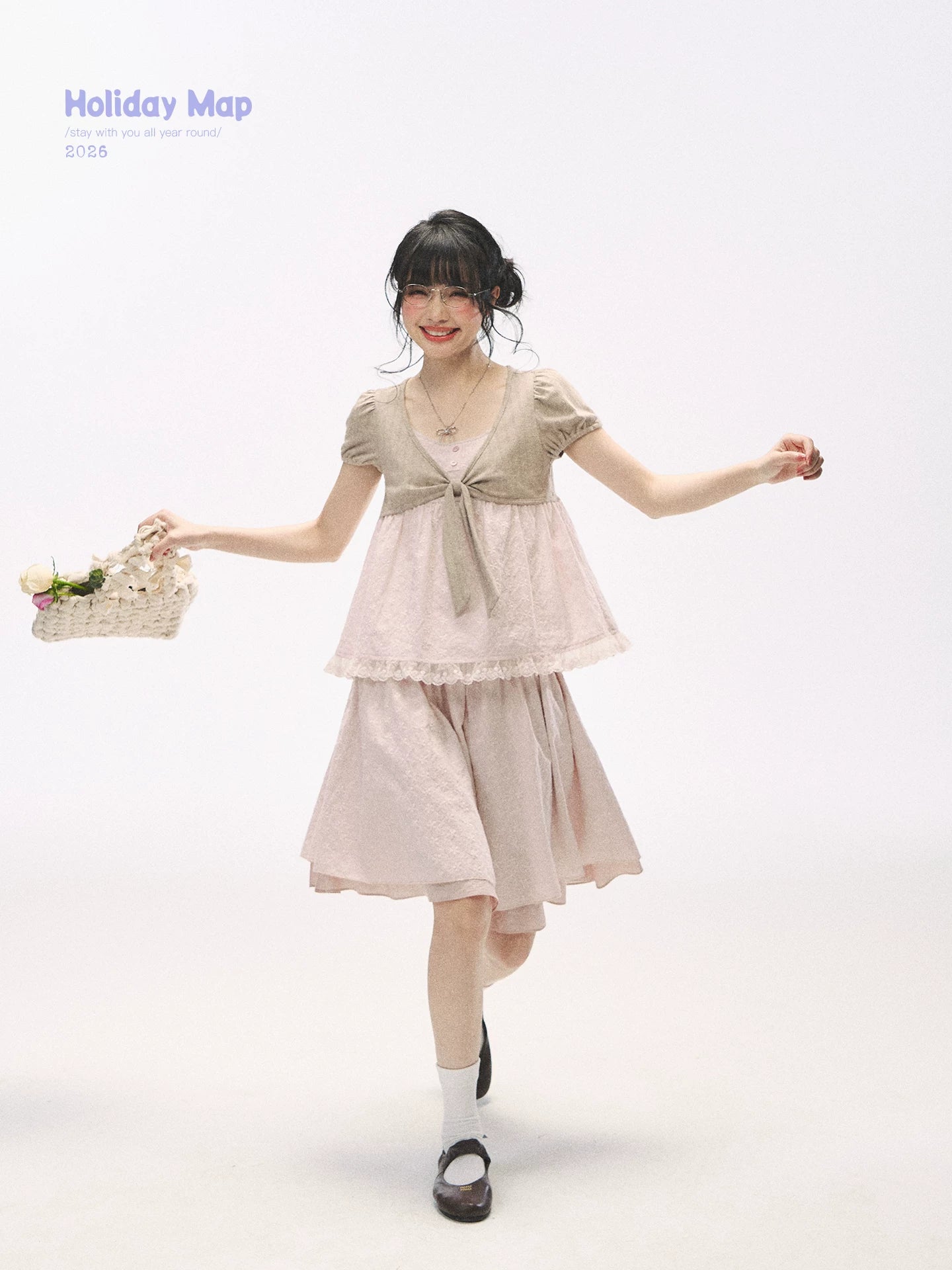 "Sweetheart Pages" Blush Pink Bow Puff Sleeve Top & A-Line Skirt Set