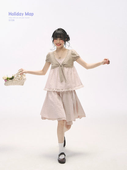 "Sweetheart Pages" Blush Pink Bow Puff Sleeve Top & A-Line Skirt Set