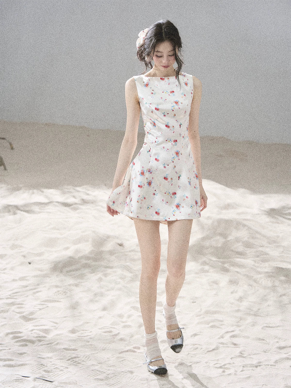 "Where Every Bloom Begins" Dutch Cream Floral Satin Puff Mini Dress (With Matching Scrunchie)