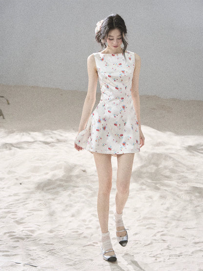 "Where Every Bloom Begins" Dutch Cream Floral Satin Puff Mini Dress (With Matching Scrunchie)