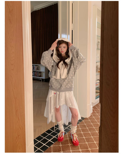 “Starlit Ribbon Reverie” Grey Off-Shoulder Hoodie