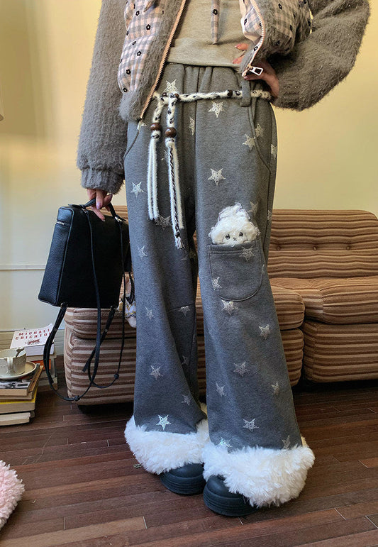 阮阮自制 - "Cold Star Snow" Faux Fur Star Print Fleece Jogger Pants