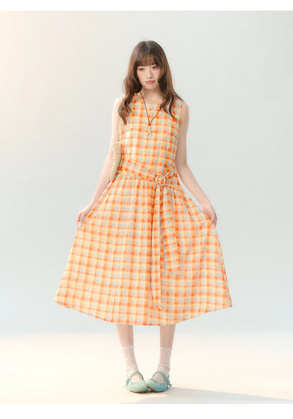 "Orange Sugar Cube" Tangerine Plaid Tie-Waist Sleeveless Dress SH2026201