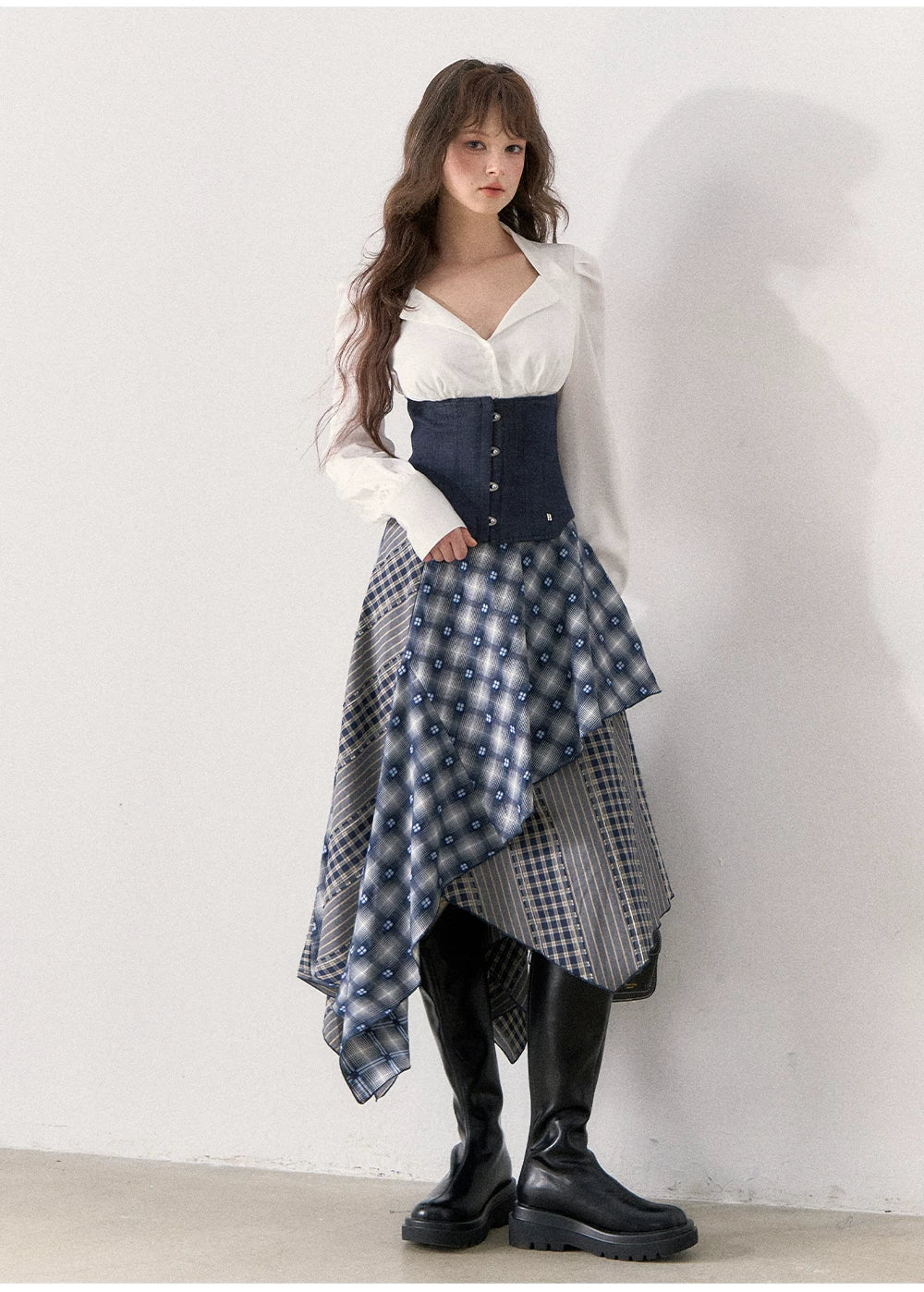 [TMMG] Retro Sweetheart Collar Shirt & Denim Corset Waist Belt Asymmetric Plaid Skirt Set