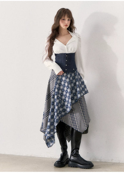 [TMMG] Retro Sweetheart Collar Shirt & Denim Corset Waist Belt Asymmetric Plaid Skirt Set