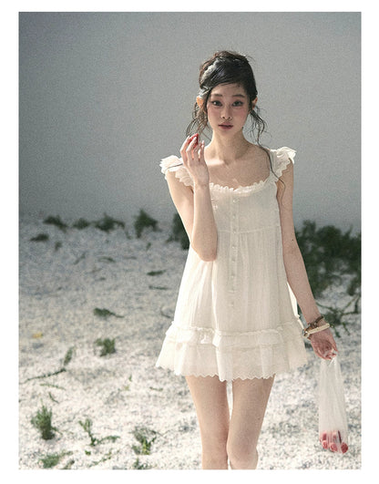 "Shimmer Along the Hem" Cloud White Lace Flutter Sleeve Babydoll Mini Dress 53413