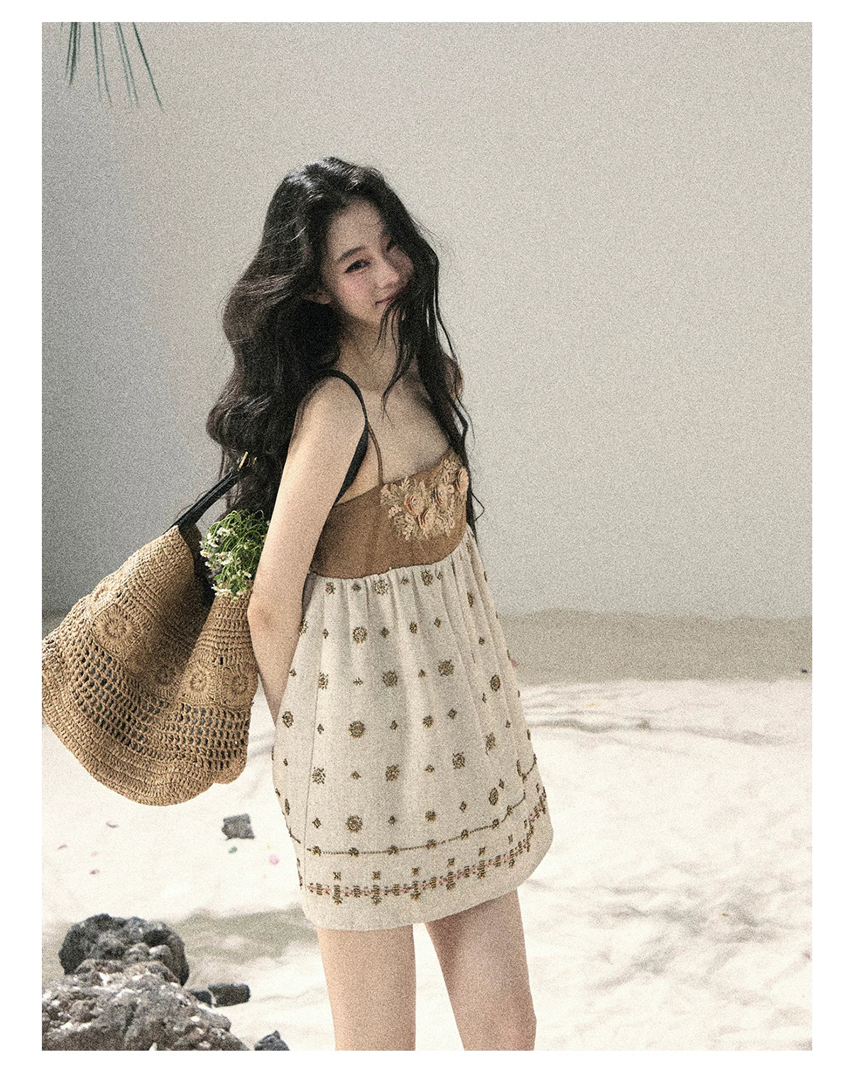"Whispers Through the Wheat Fields" Oat Beige Floral Cami Babydoll Mini Dress