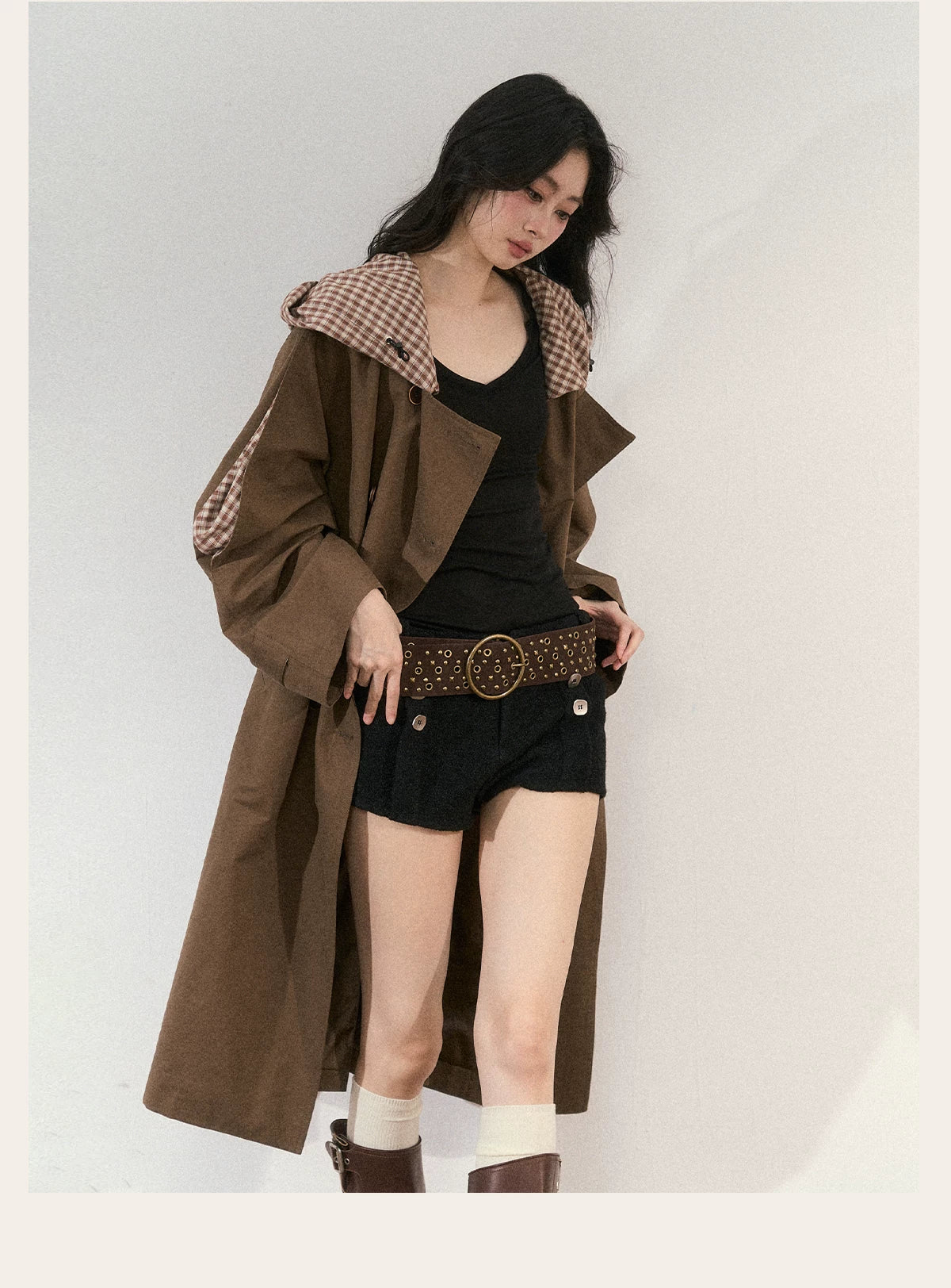 JN's DESIGN - Vintage Plaid Panel Hooded Trench Coat