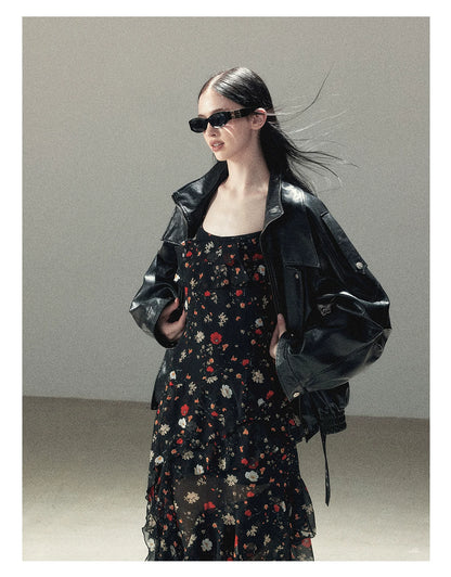 AOMALM - "Solo Journey" Quiet Black Oversized PU Moto Jacket