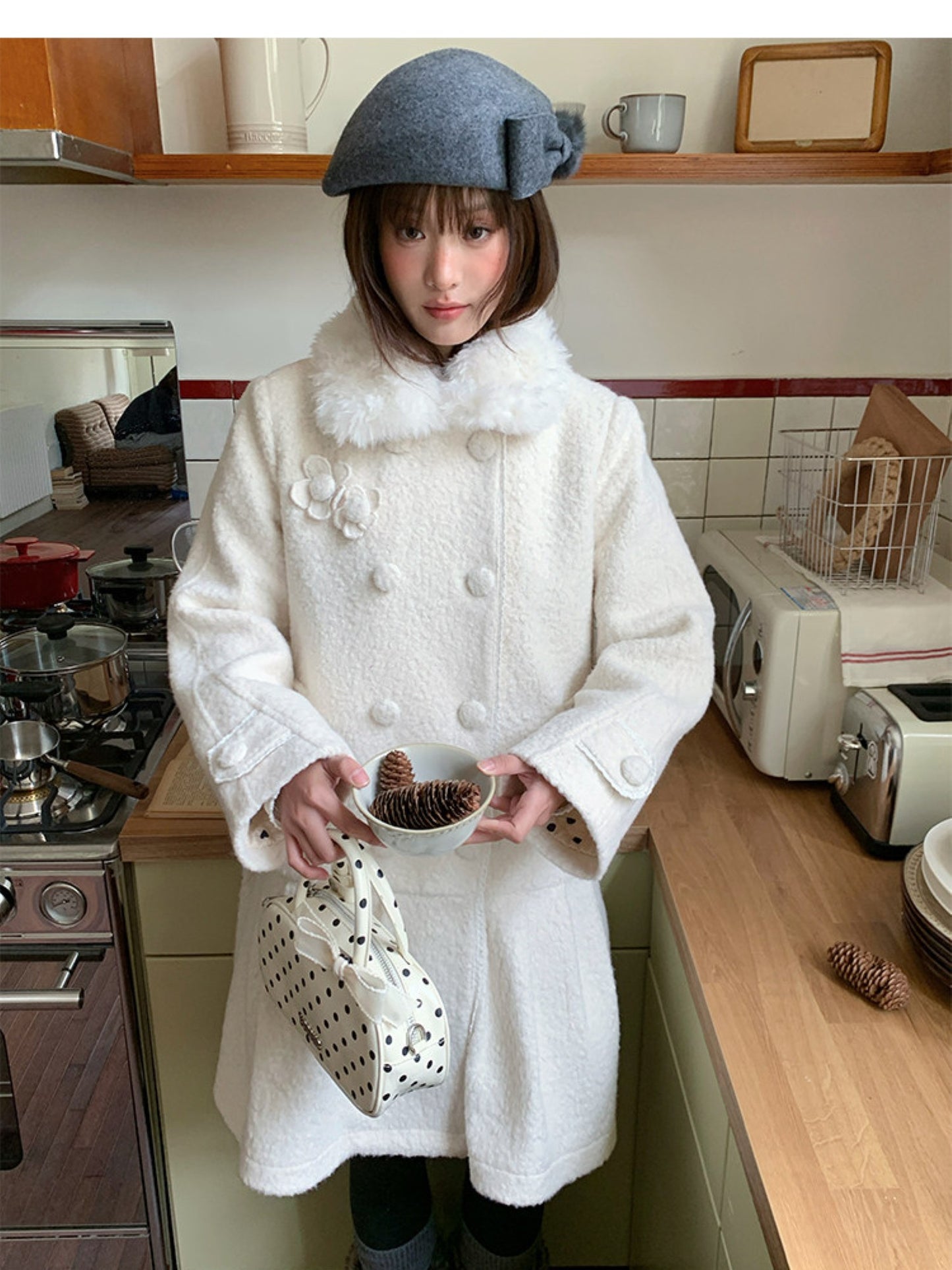 阮阮自制 - Birch Lily Milky White Detachable Fur Wool Coat