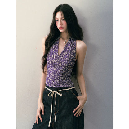 1P - Purple Floral Halter V-Neck Fitted Top