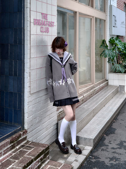 "Snow-Cleared Lily" Gray-Lilac JK Long-Sleeve Sailor Uniform Set