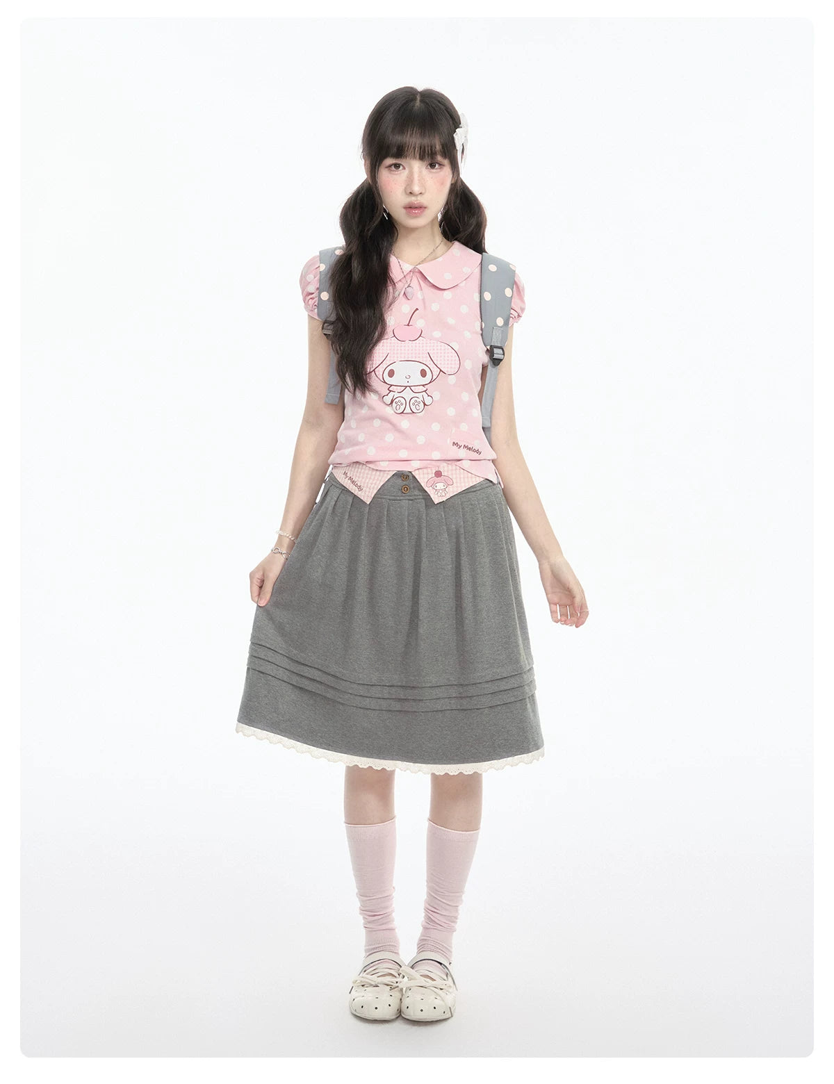 "Sweet Melody" Pink Casual Collection (Polka Dot Puff Sleeve Tee / Pleated Skirt / Bubble Skirt)