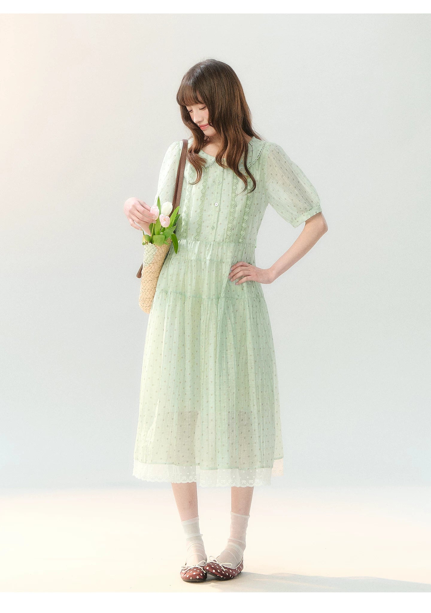 "Hyacinth Ballad" Sage Green Polka Dot Tiered Dress LL2026210