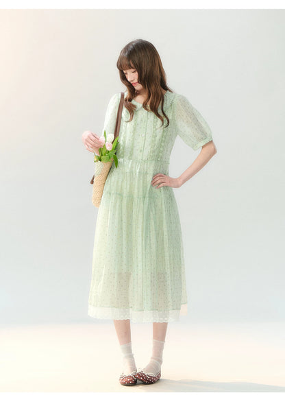 "Hyacinth Ballad" Sage Green Polka Dot Tiered Dress LL2026210