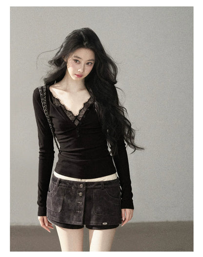 AOMALM - Black Faux Two-Piece V-Neck Lace Long-Sleeve Top