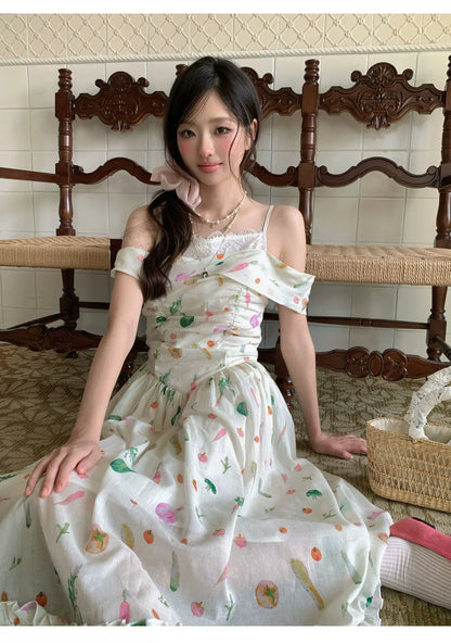 “Verdant Orchard Reverie” Beige Fruit Print Off-Shoulder Dress