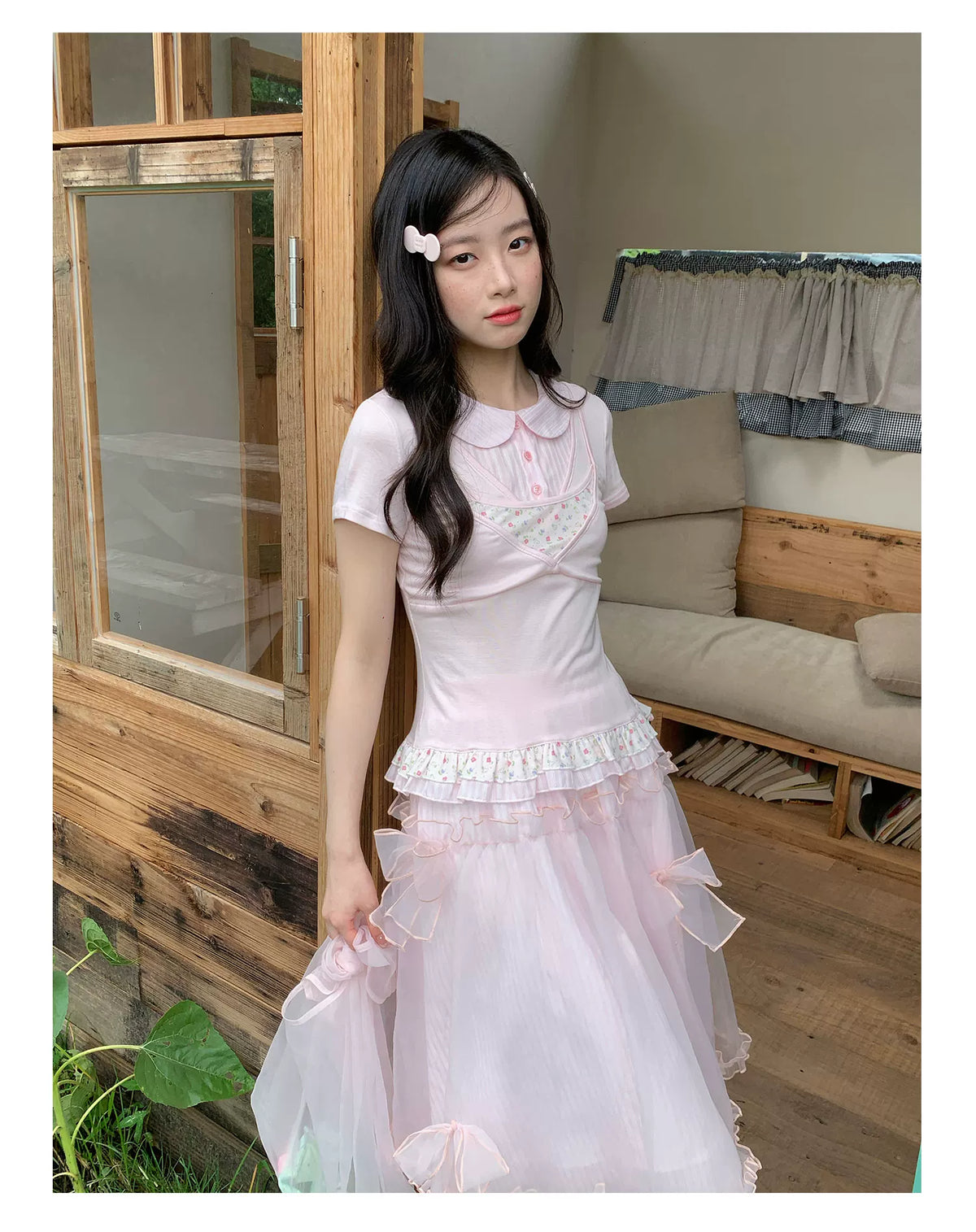 [RF] “Peach Petal Reverie” Peach Pink Doll Collar Top & Tulle Skirt Set