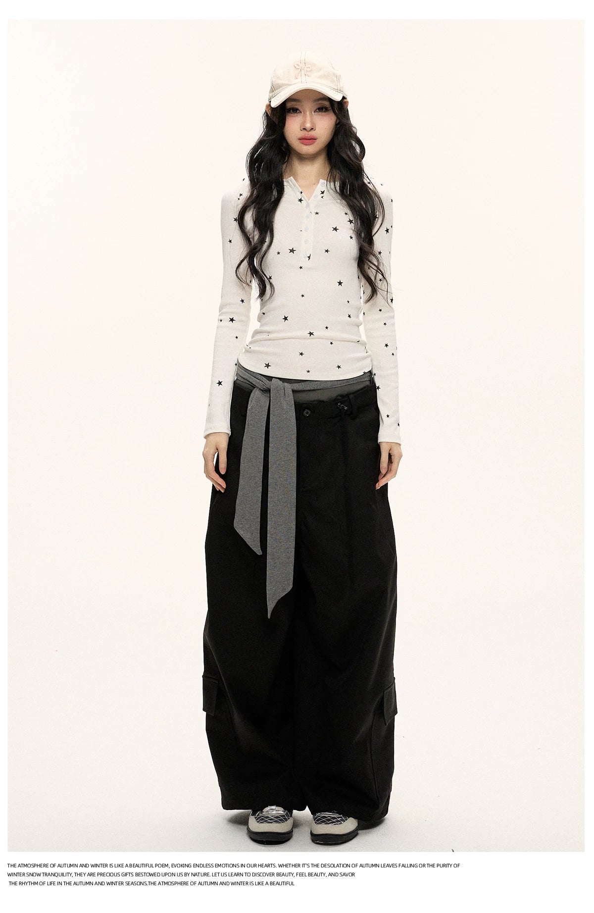 JN's DESIGN - Star Print Fitted Henley Long-Sleeve Top (White / Taro Pink-Purple)