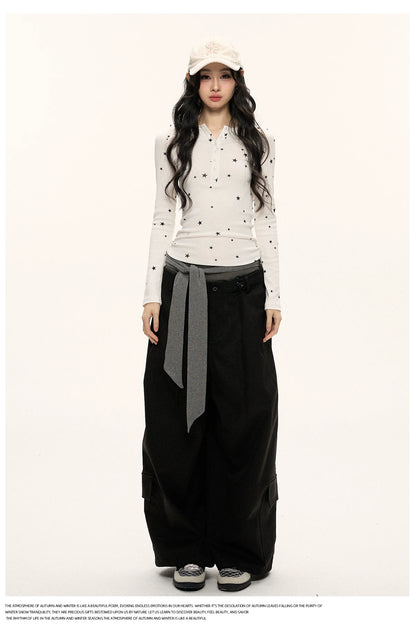 JN's DESIGN - Star Print Fitted Henley Long-Sleeve Top (White / Taro Pink-Purple)