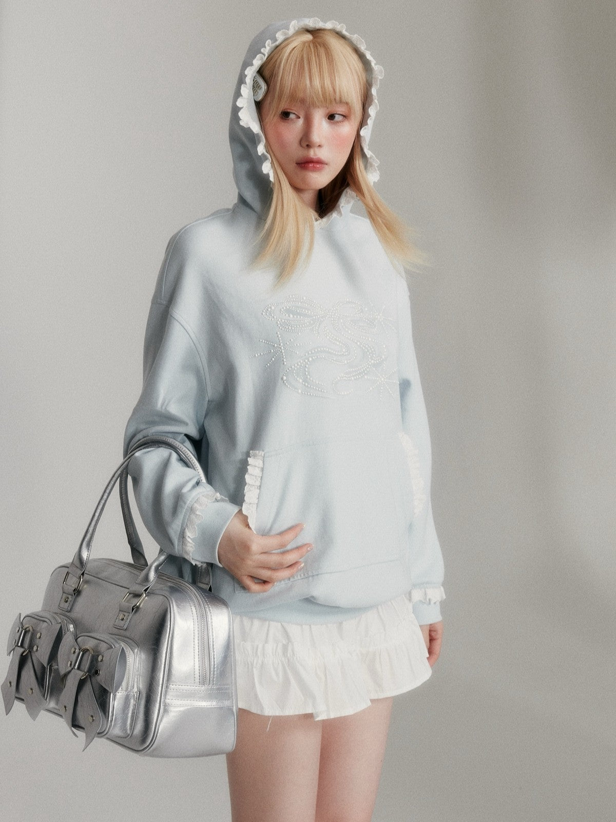 “Island Shell Blue” Pearl-Embellished Lace-Trim Hoodie 2416
