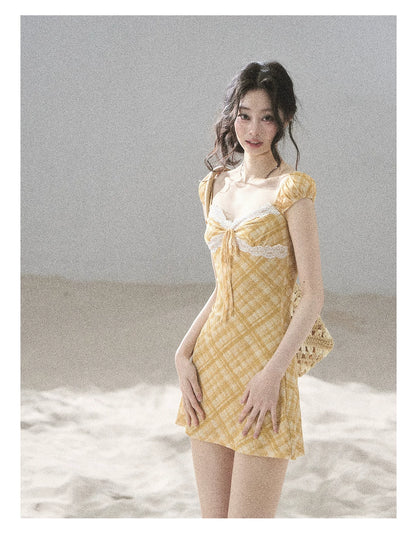 "Golden Wheat Whisper" Goose Yellow Lace Diamond Mini Dress