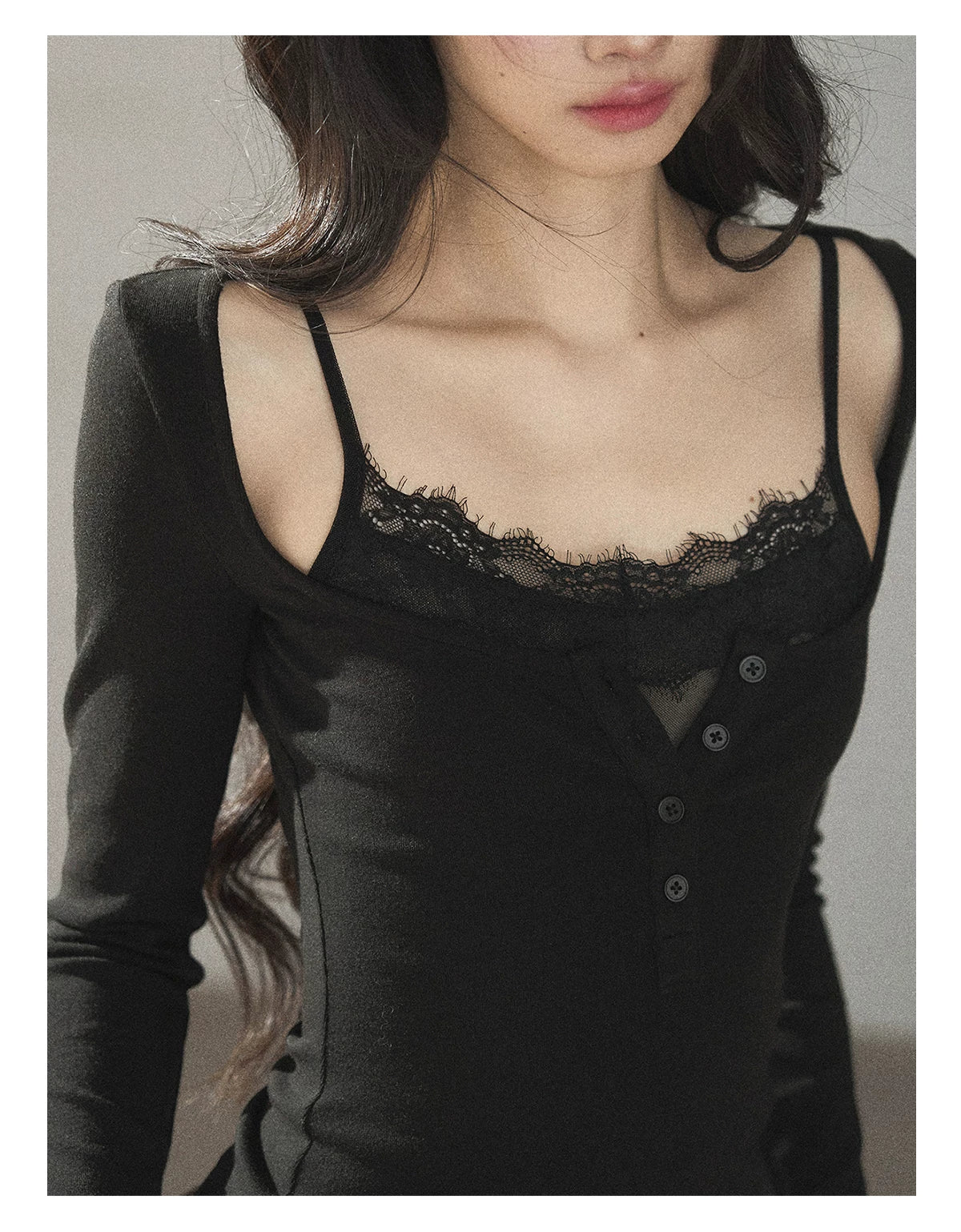 AOMALM - "Dappled Tree Shadows" Serene Black Korean Lace Camisole Long-Sleeve Top Set