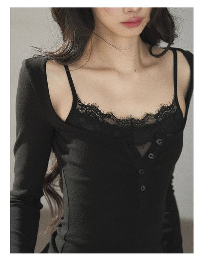 AOMALM - "Dappled Tree Shadows" Serene Black Korean Lace Camisole Long-Sleeve Top Set