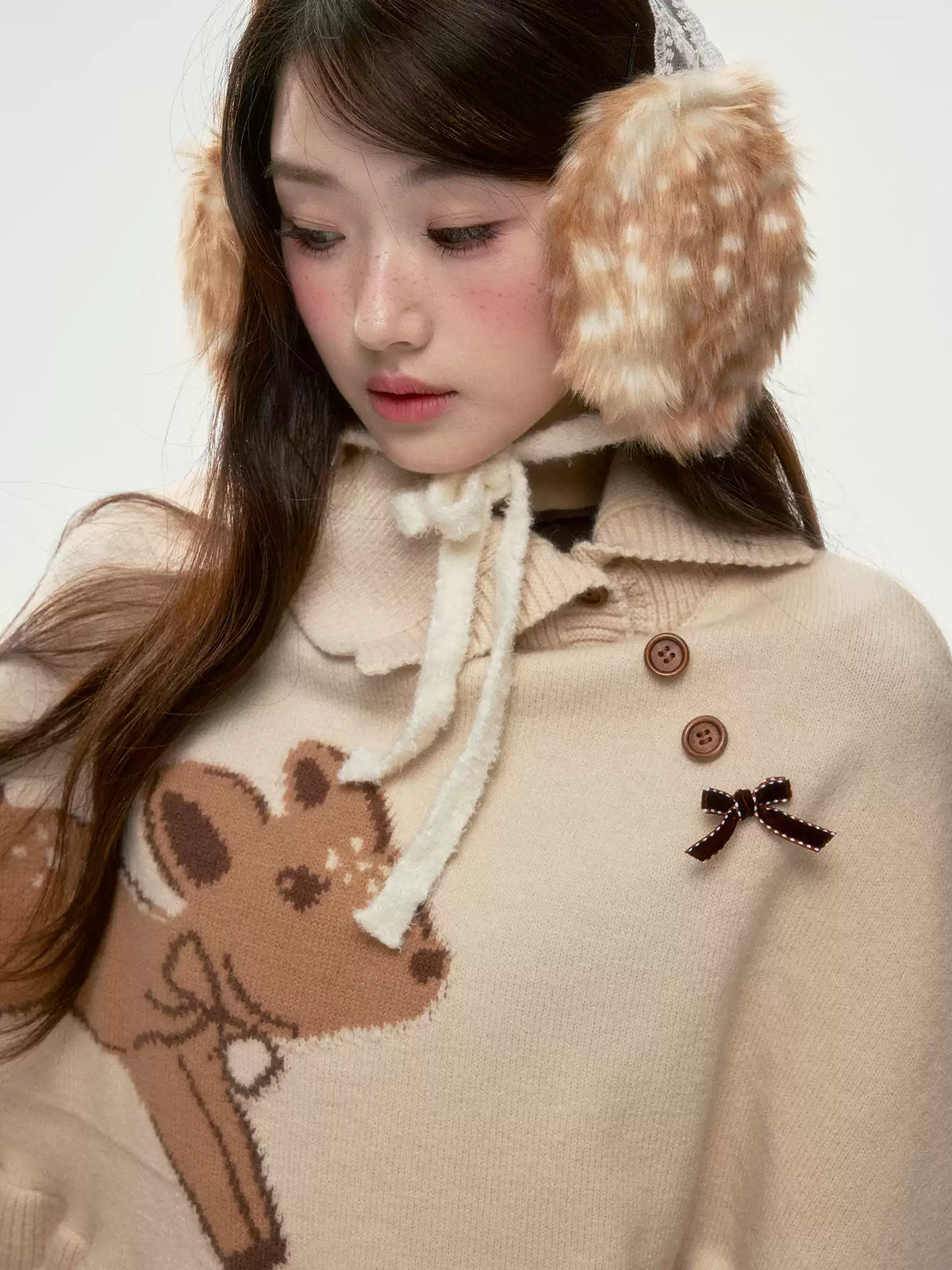 BIBIBENCY - Khaki Deer Knit Cape Sweater