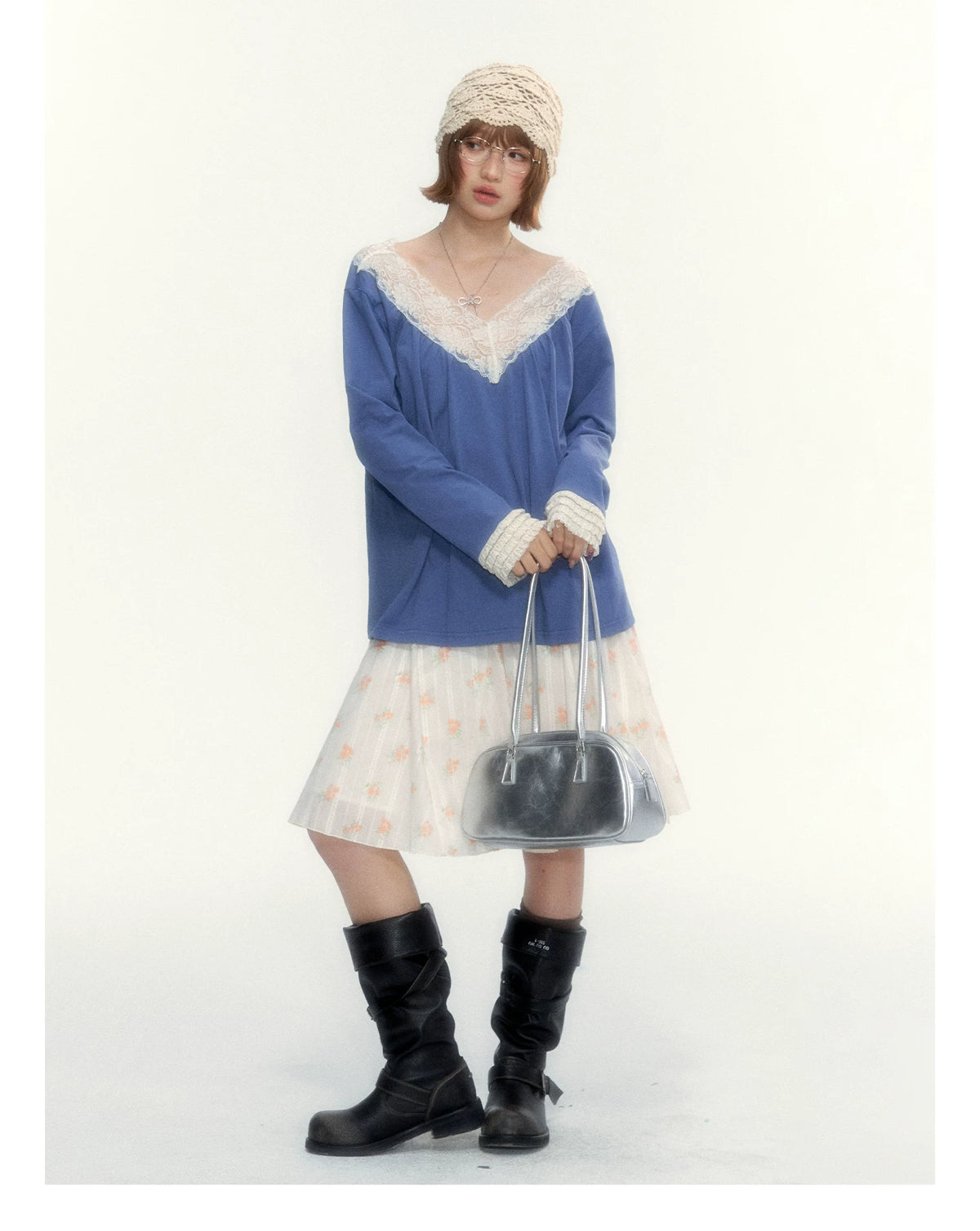 Classic Blue Lace V-Neck Long-Sleeve Top