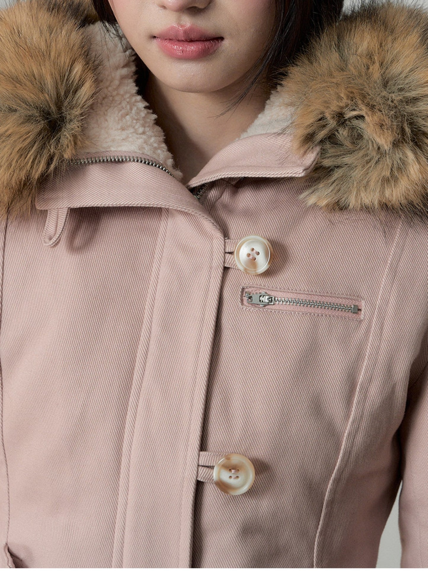 Soote Season - “Vintage Hourglass” Faux Fur–Lined Hooded Waist-Cinched Cotton Jacket - Cream Pink