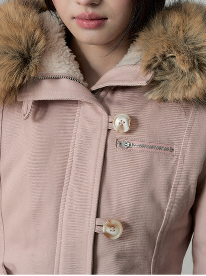 Soote Season - “Vintage Hourglass” Faux Fur–Lined Hooded Waist-Cinched Cotton Jacket - Cream Pink