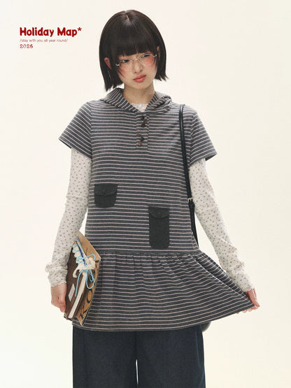 "Seoul Diary" Gray & Pink Stripe Hooded Knit Mini Dress