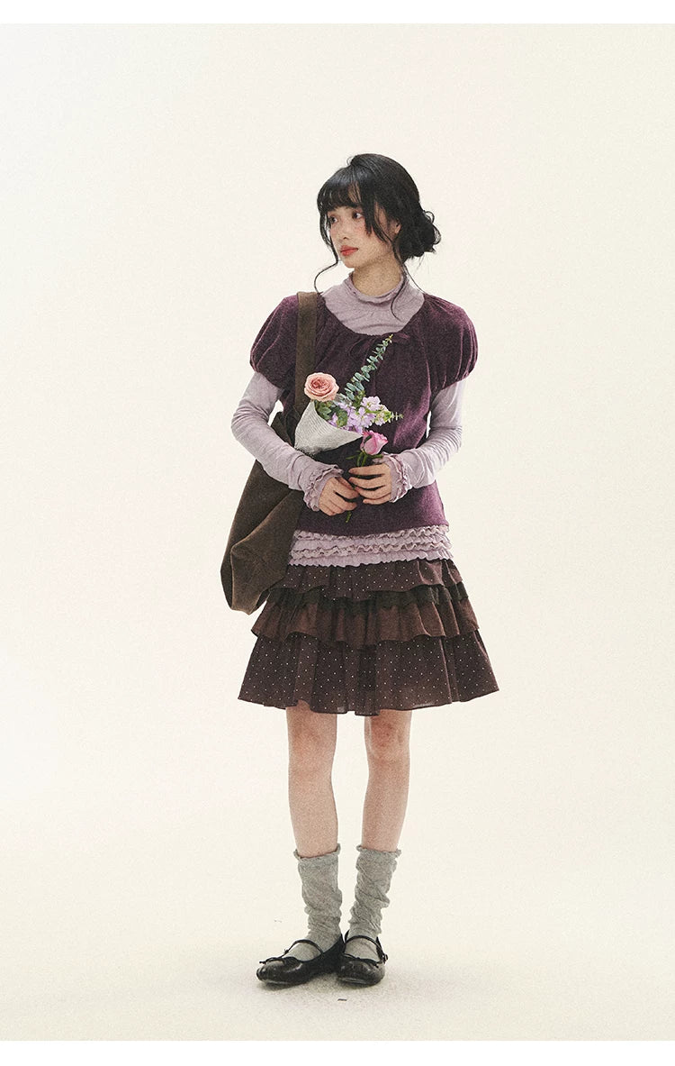 "Violet Journal" Grape Purple Bow Lace Short Sleeve Knit Top