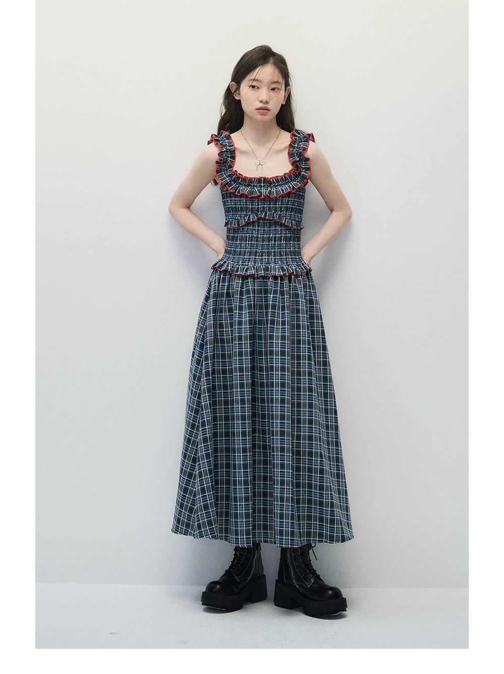 Navy Blue Plaid Off-Shoulder Maxi Dress with Red Contrast Trim