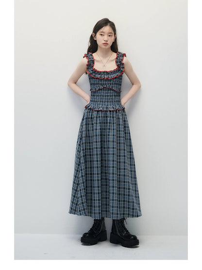 Navy Blue Plaid Off-Shoulder Maxi Dress with Red Contrast Trim