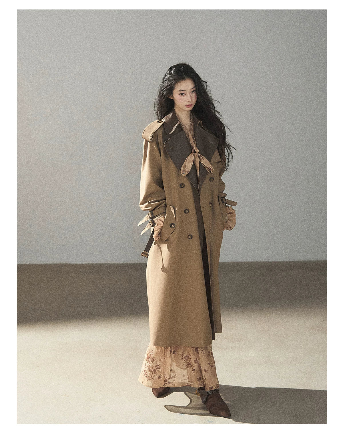 AOMALM - Chestnut Brown Long A-Line Trench Coat with Belt