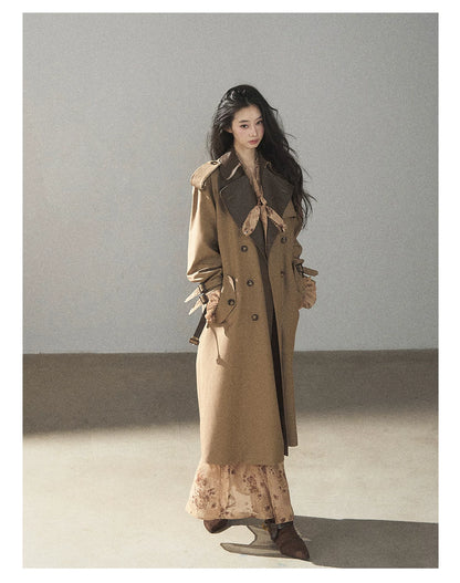 AOMALM - Chestnut Brown Long A-Line Trench Coat with Belt