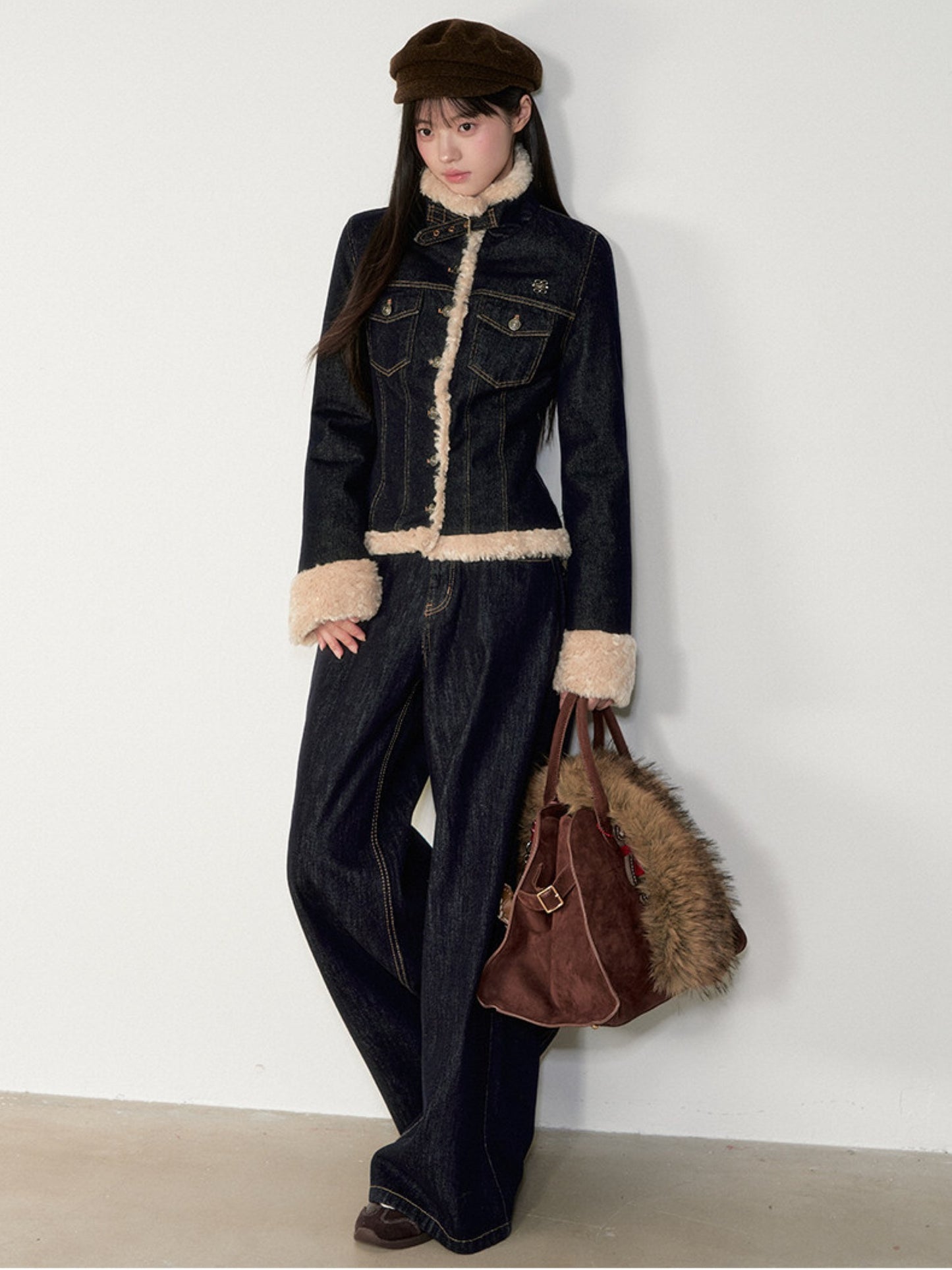 Soote Season - "Raw Denim Muse" Cinched Waist Fur-Trim Denim Down Jacket