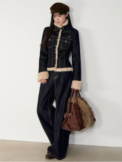 Soote Season - "Raw Denim Muse" Cinched Waist Fur-Trim Denim Down Jacket
