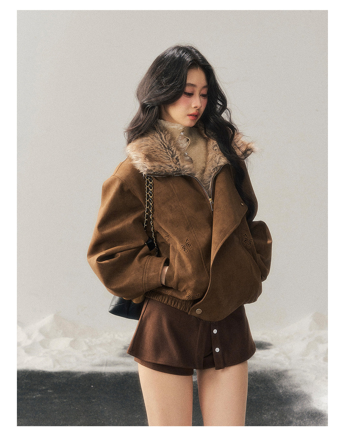 少也眼 "Cloud Veils Over the Mountains" Hepburn-Style Padded Faux Suede Butterfly Coat