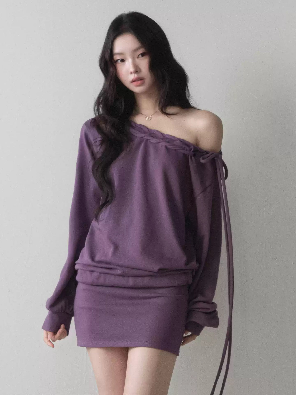 1P - Berry Purple One-Shoulder Sweatshirt & Mini Skirt Set