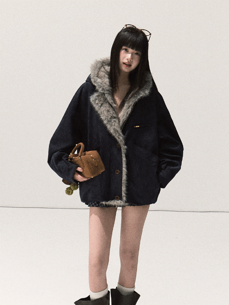 OAKMOO/ Agate Blue Faux Suede Hooded Jacket with Ombre Faux Fur