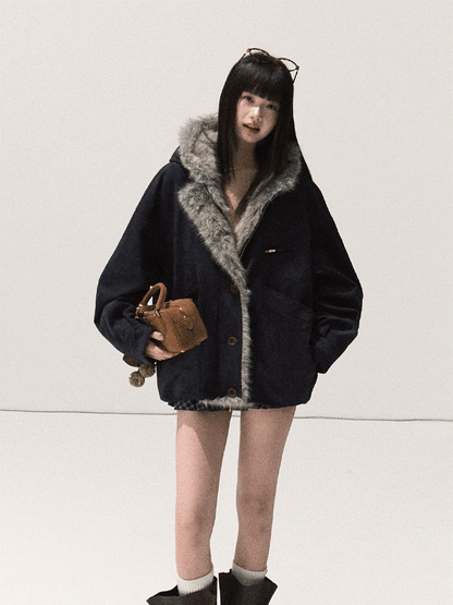 OAKMOO/ Agate Blue Faux Suede Hooded Jacket with Ombre Faux Fur