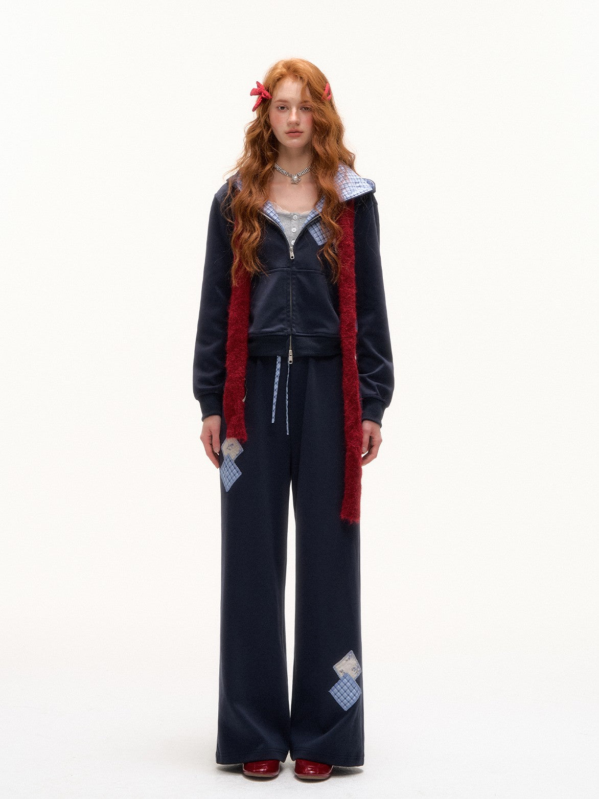 ASGONY - Preppy Patchwork Hoodie & Straight-Leg Sweatpants Set