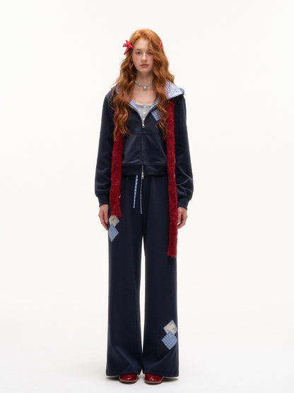 ASGONY - Preppy Patchwork Hoodie & Straight-Leg Sweatpants Set
