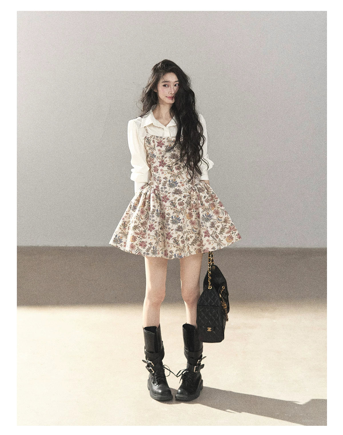 AOMALM - Dutch Cheese Floral Mini Dress & Creamy White Blouse Set