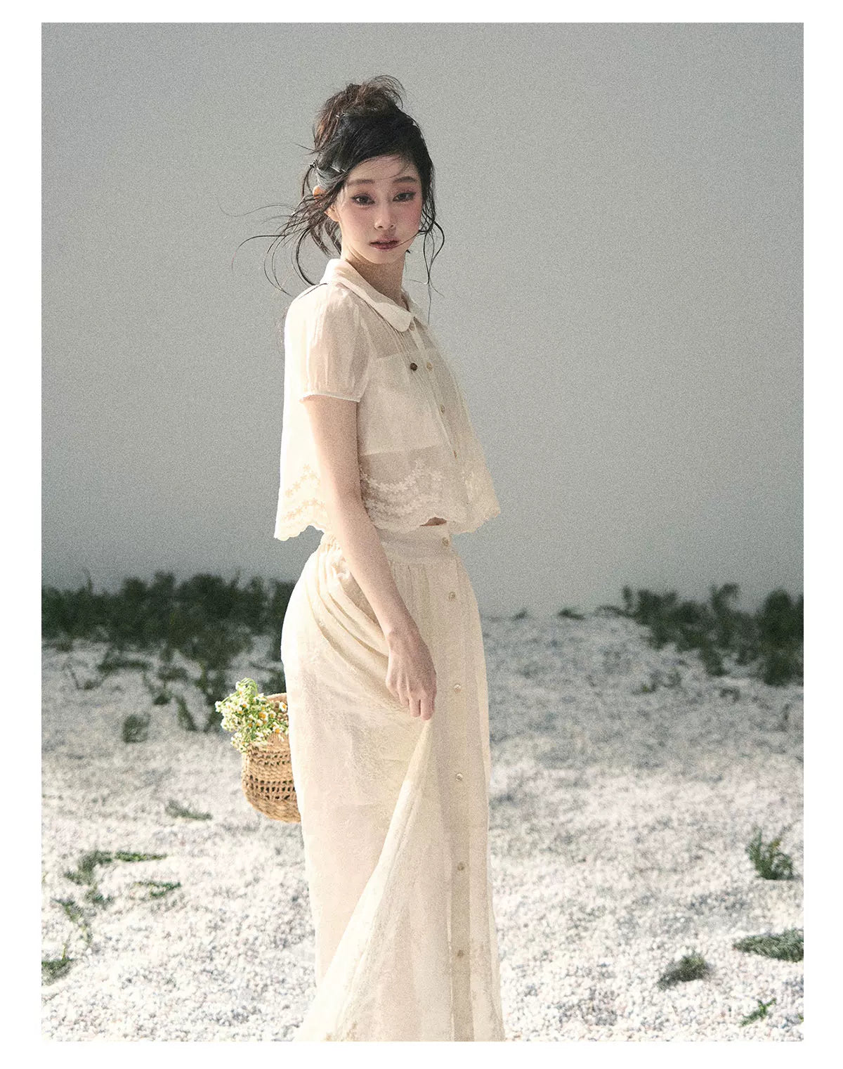 "Apricot Blossom After Rain" Dutch Cheese Lace Blouse & Maxi Skirt Set 532453