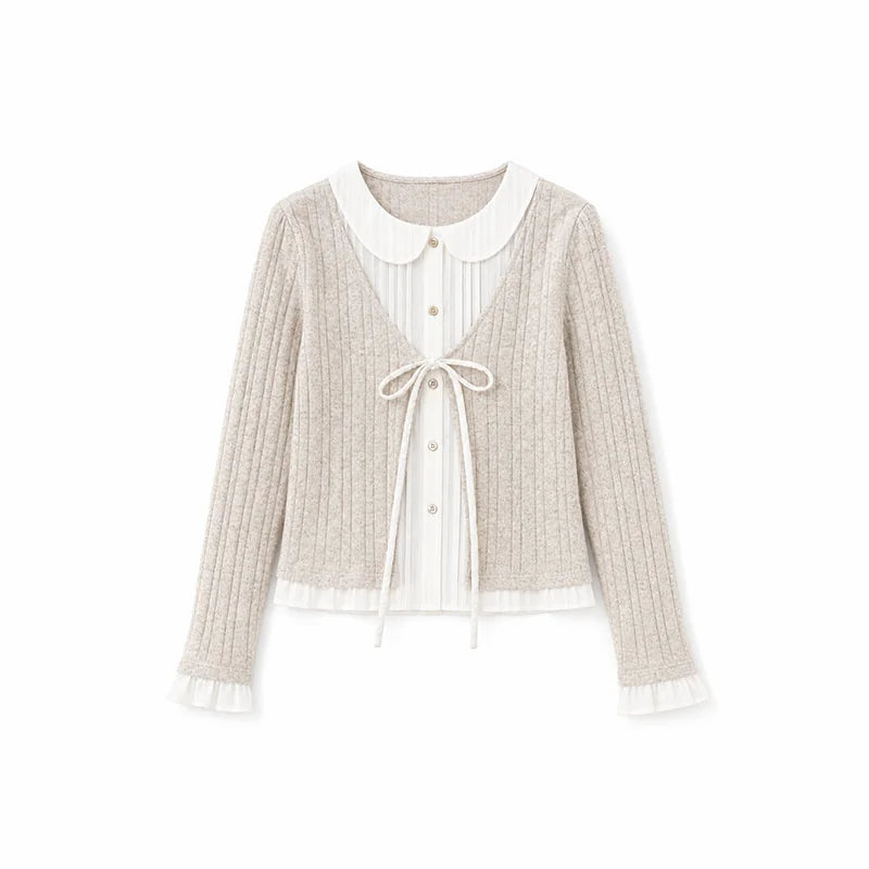 DAILY ARTIST - Warm Beige Faux-Layer Doll-Collar Tie Cardigan